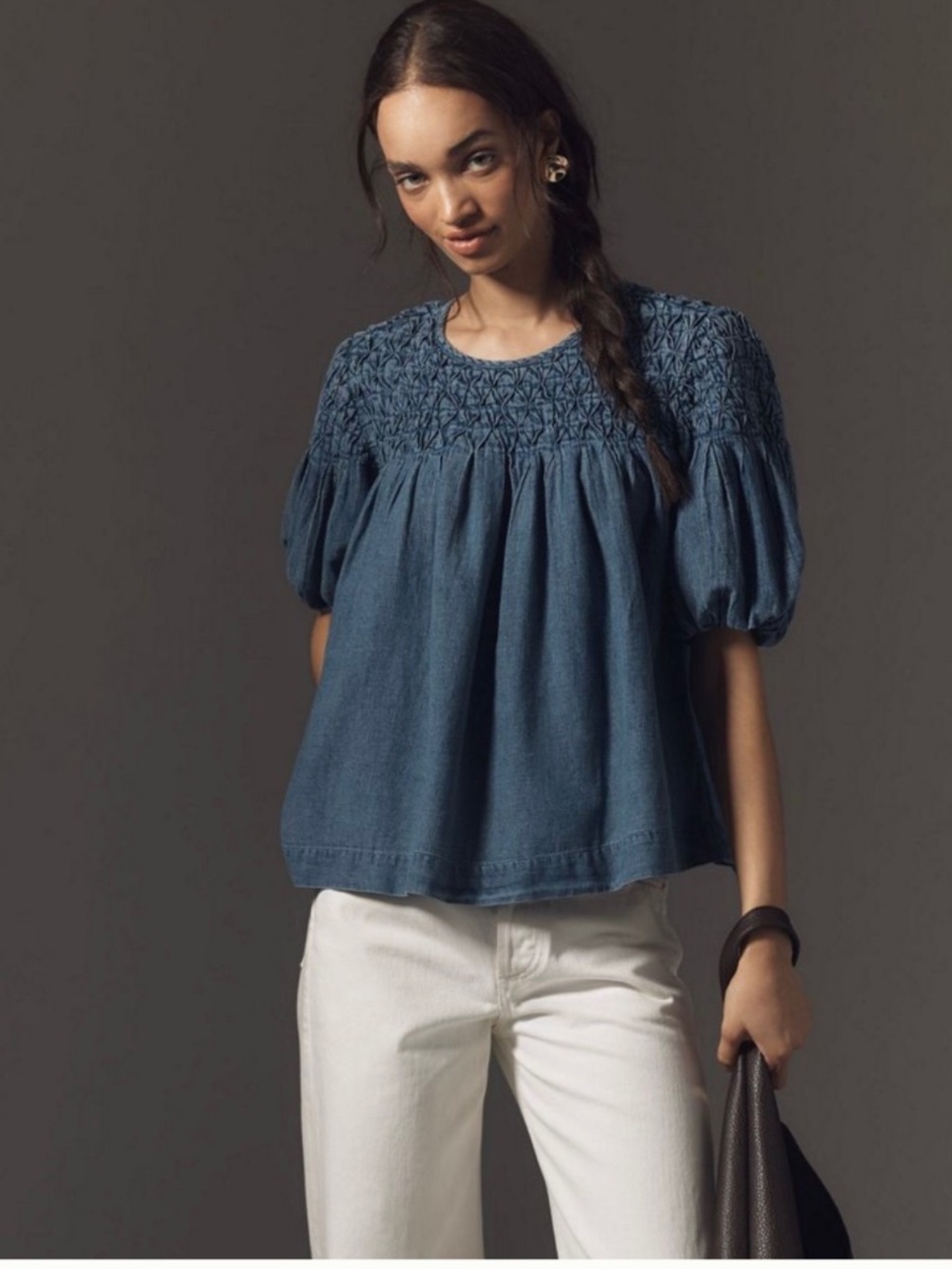 Anthropologie Liza Smocked Puff-Sleeve Denim Shirt